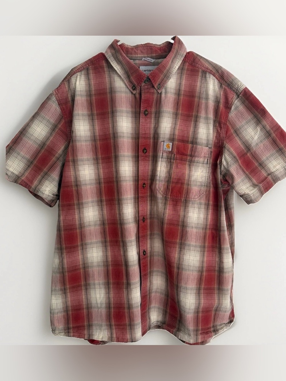 Carhartt Mens 2XL Relaxed Fit Short Sleeve Red Plaid Button Down Shirt Cotton